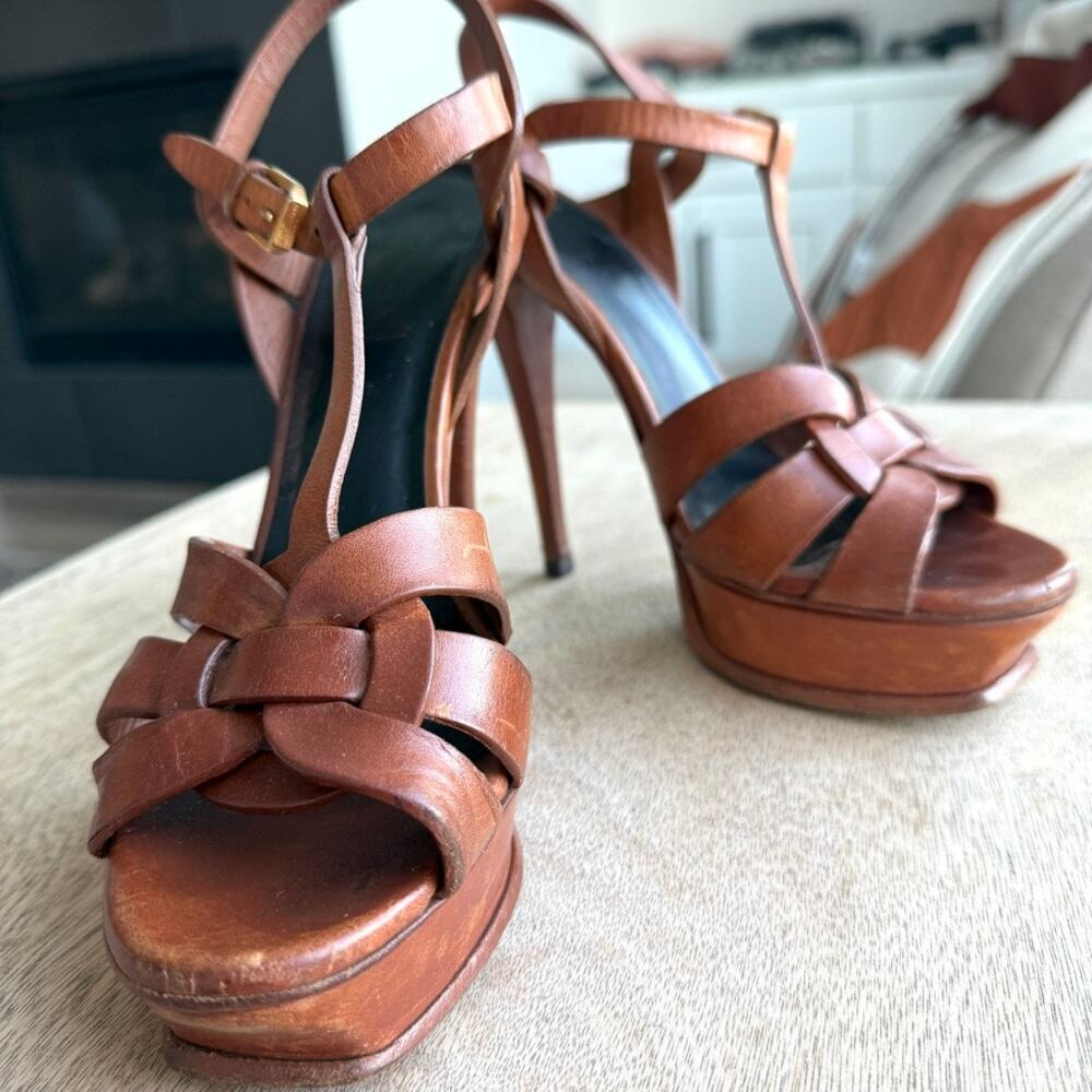 YSL SAINT LAURENT Tribute Platform Sandal Heel Cognac Leather 37.5 Italy Strappy - Picture 13 of 14